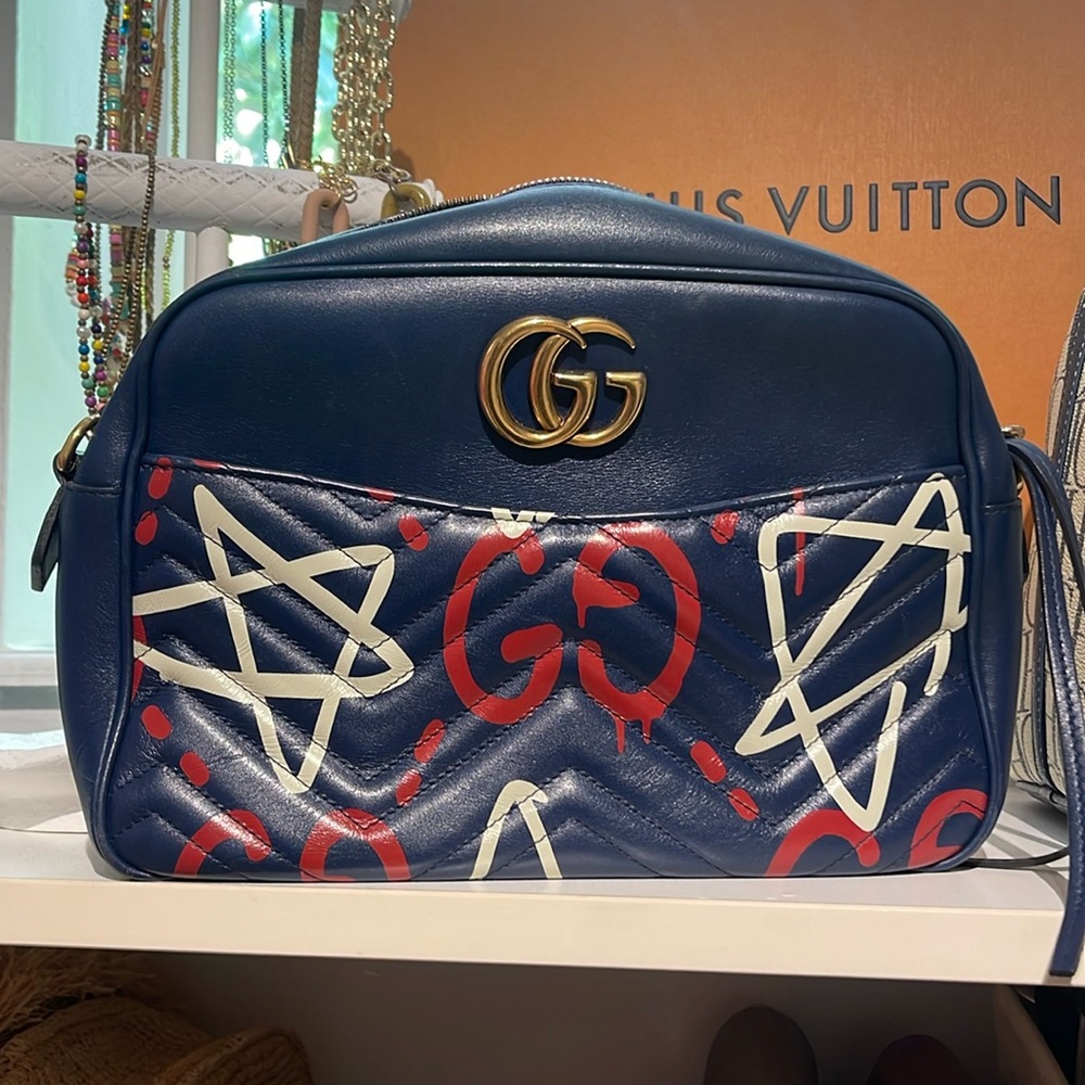 Calfskin Matelasse GucciGhost Medium GG Marmont Chain Shoulder Bag Blue